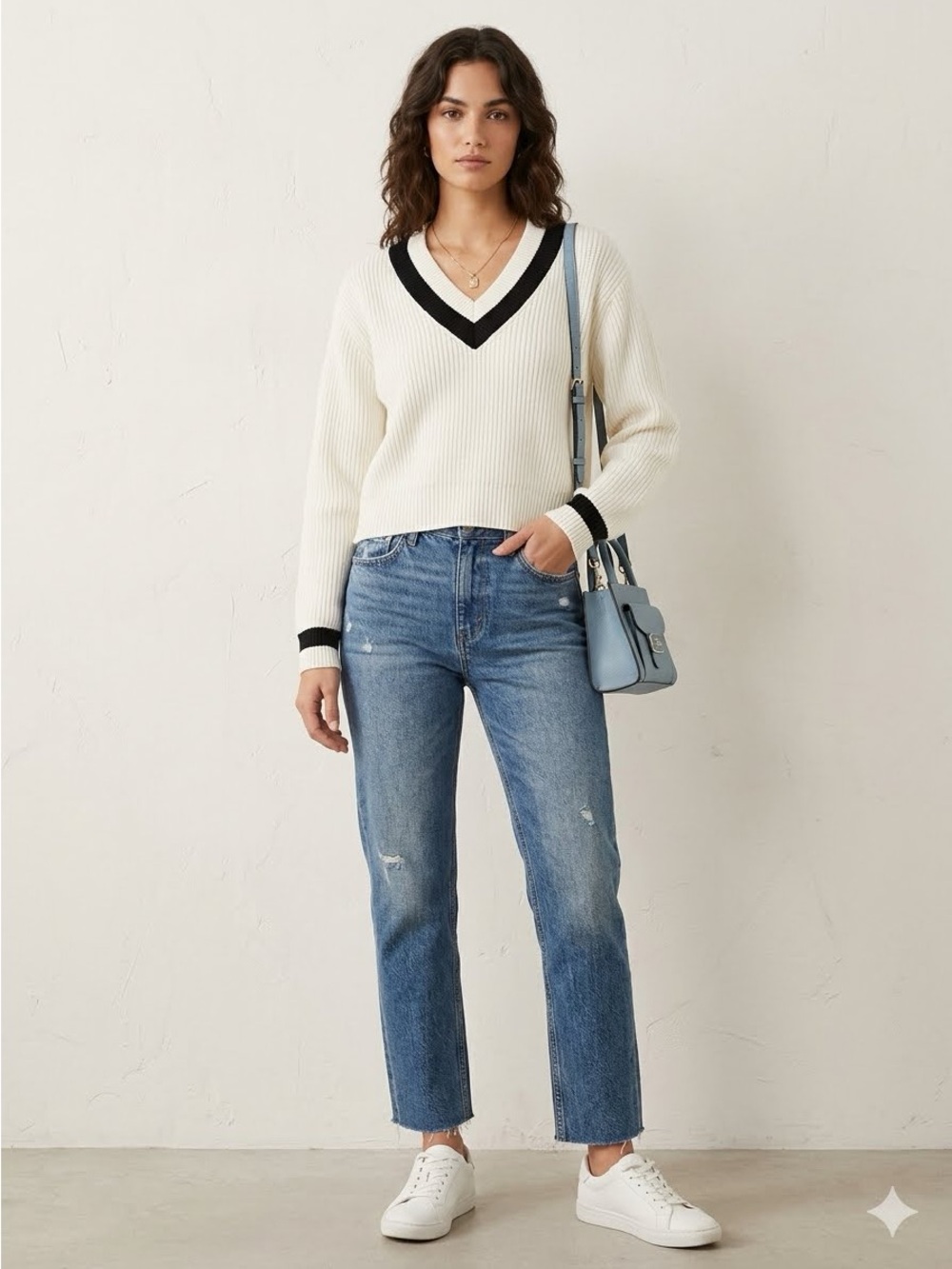 Cotton Candy White V-Neck Sweater with Navy Trim - Women